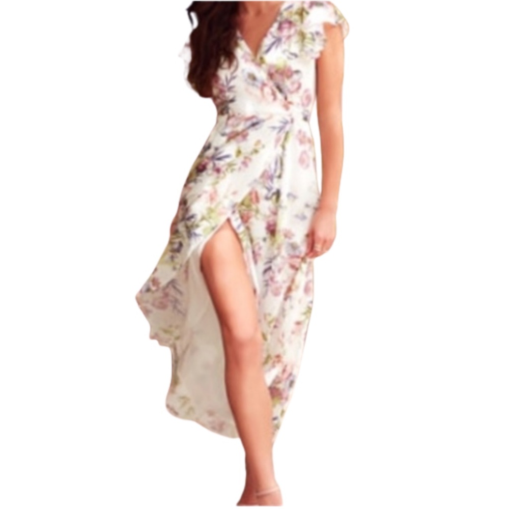 Bridal Shower Wrap Maxi Dress NY & Co White Floral Chiffon Sz S Garden Party